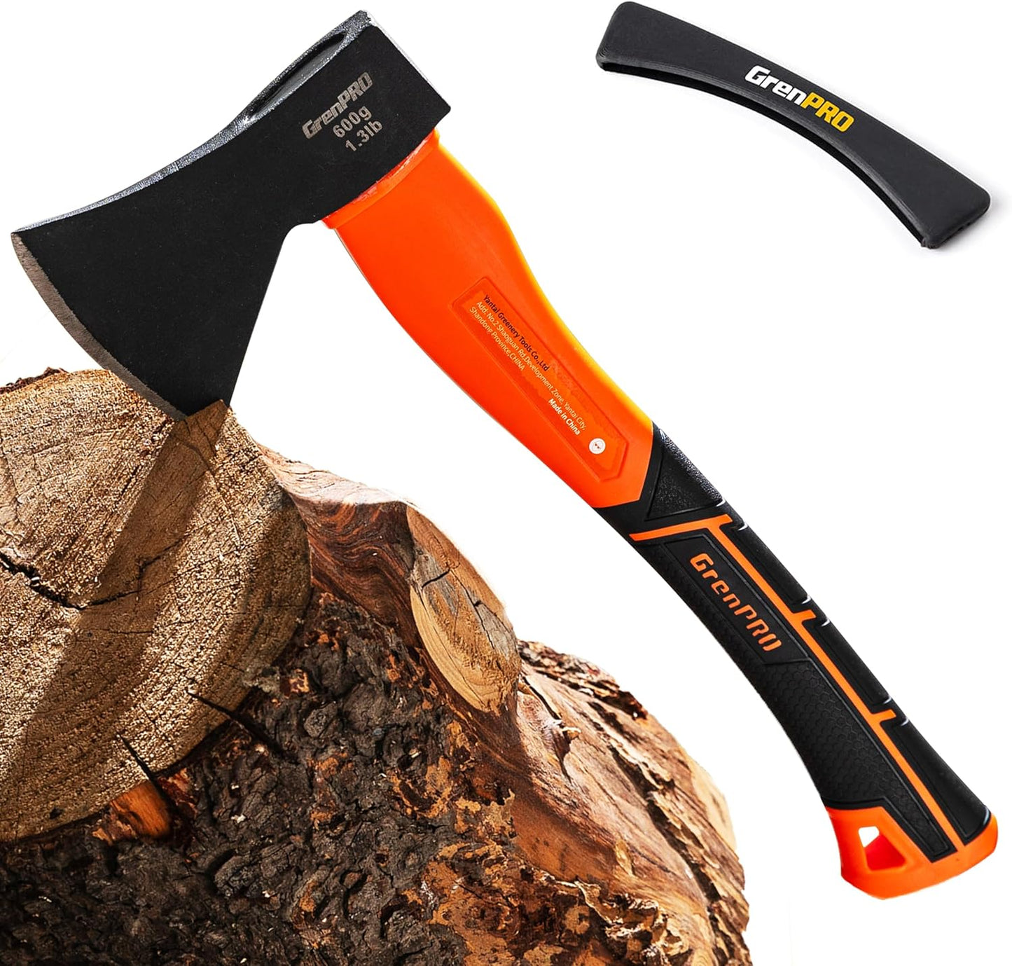 Hatchet Axe with Sheath, 15" Camping Hatchet for Wood Splitting and Kindling, Forged Carbon Steel Heat Treated Chopping Axe Handle with Anti-Slip Grip Orange