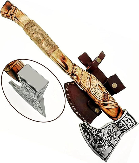 AX-7000 Custom Gift Forged Carbon Steel Viking Axe with Rose Wood Shaft, Viking Bearded Camping Axe (AX-7000) (AX-7000)