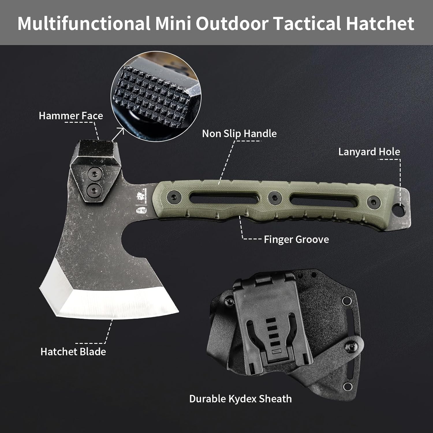 HX Outdoors Multifunctional Splitting Axe, Small Survival Camping Tactical Wood Hatchet, Mini Camp Bushcraft Hand Axes with Hammer and Kydex Sheath (Army Green)