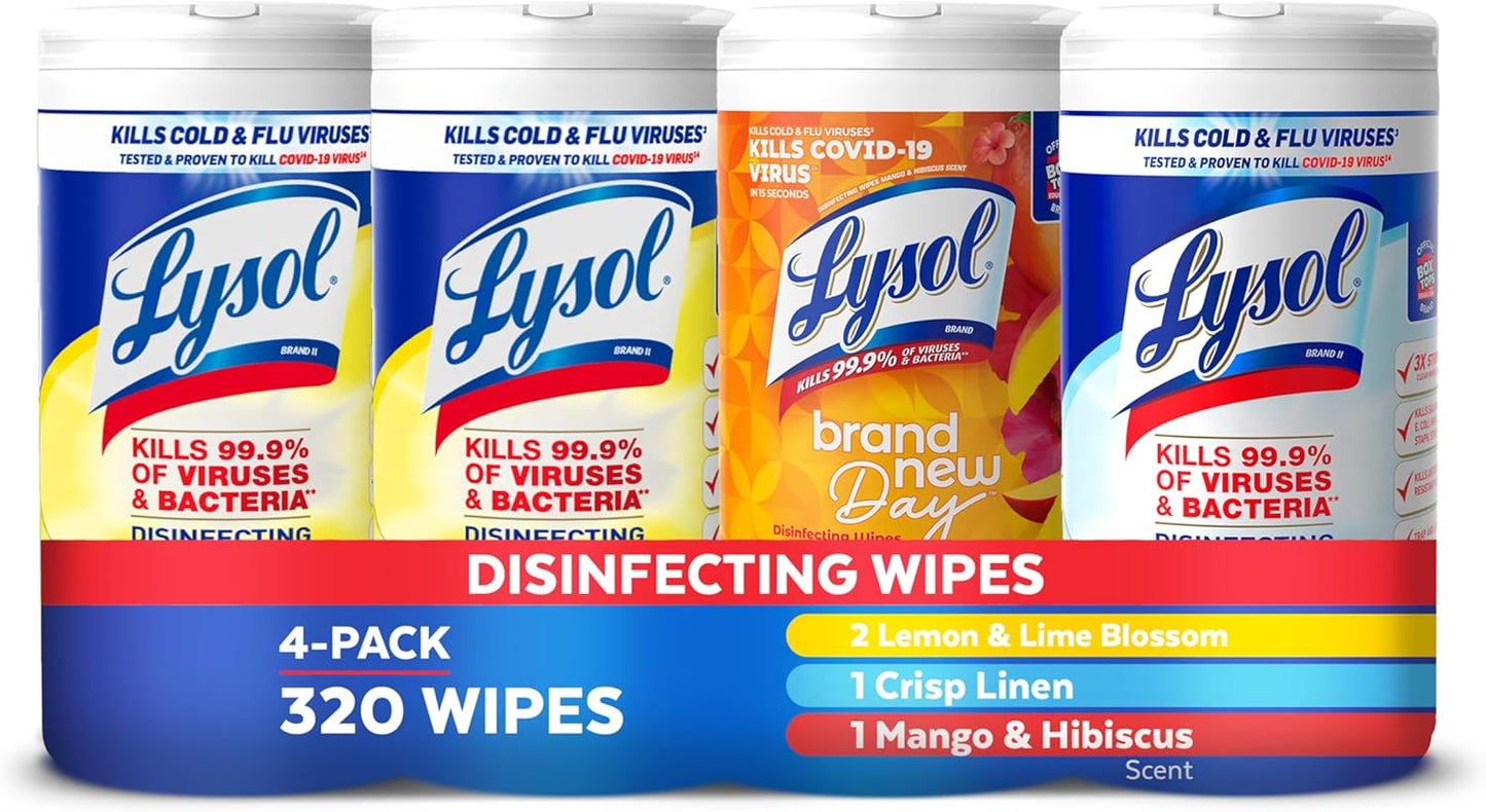 Disinfecting Wipes Bundle, Home Apartment Dorm Room Essentials and Cleaning Supplies, All Purpose Cleaner, Multi-Surface Cleaning Wipes, Multi-Scent Sanitizing Wipes Bundle, 80 Count (4Pk)