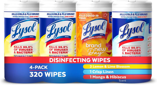 Disinfecting Wipes Bundle, Home Apartment Dorm Room Essentials and Cleaning Supplies, All Purpose Cleaner, Multi-Surface Cleaning Wipes, Multi-Scent Sanitizing Wipes Bundle, 80 Count (4Pk)