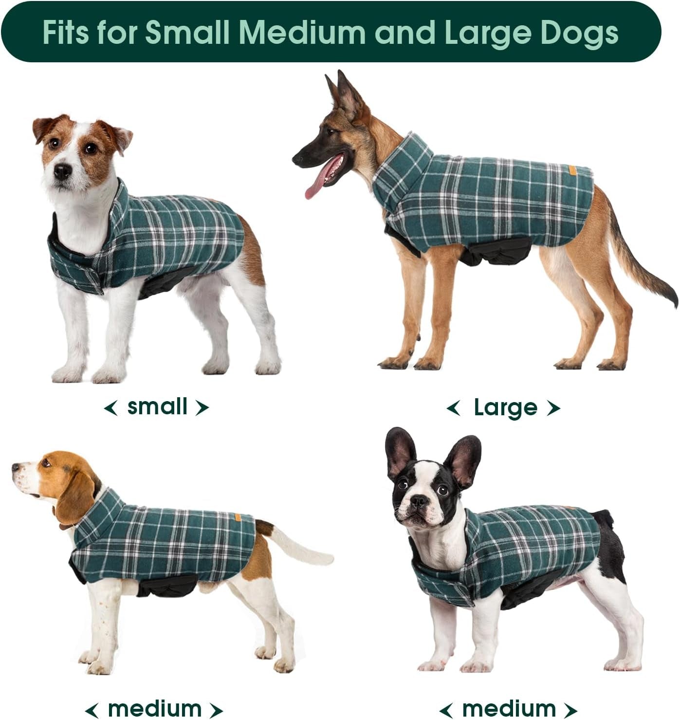 Warm Dog Coat, Reversible Dog Jacket Waterproof Dog Winter Coat British Style Plaid Dog Clothes Pet Dog Cold Weather Coats Cozy Snow Jacket Vest for Small Medium Large Dogs Green M