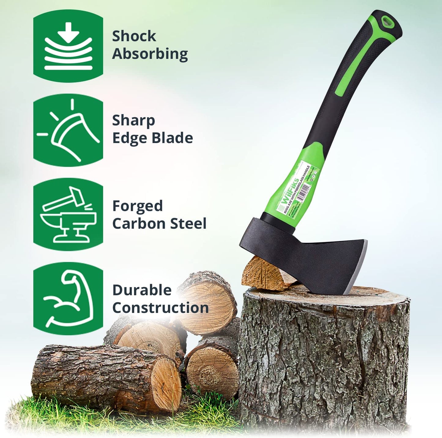 Chopping Axe, 15” Camping Outdoor Hatchet for Wood Splitting and Kindling, Forged Carbon Steel Heat Treated Hand Maul Tool, Fiberglass Shock Reduction Handle with Anti-Slip Grip