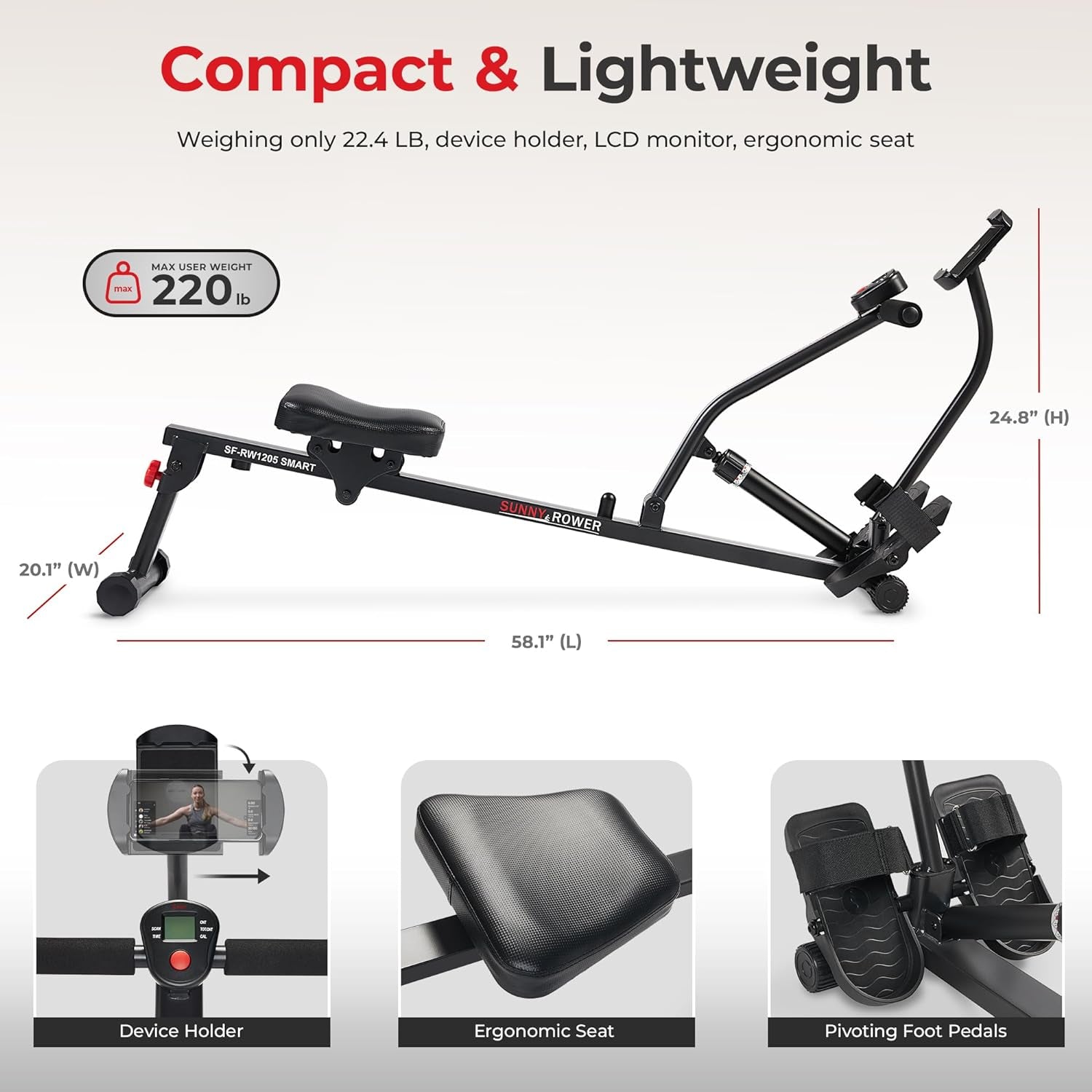 Compact Adjustable Rowing Machine with 12 Levels of Resistance for Complete Body Workouts and Optional Free Sunnyfit App Enhanced Connectivity