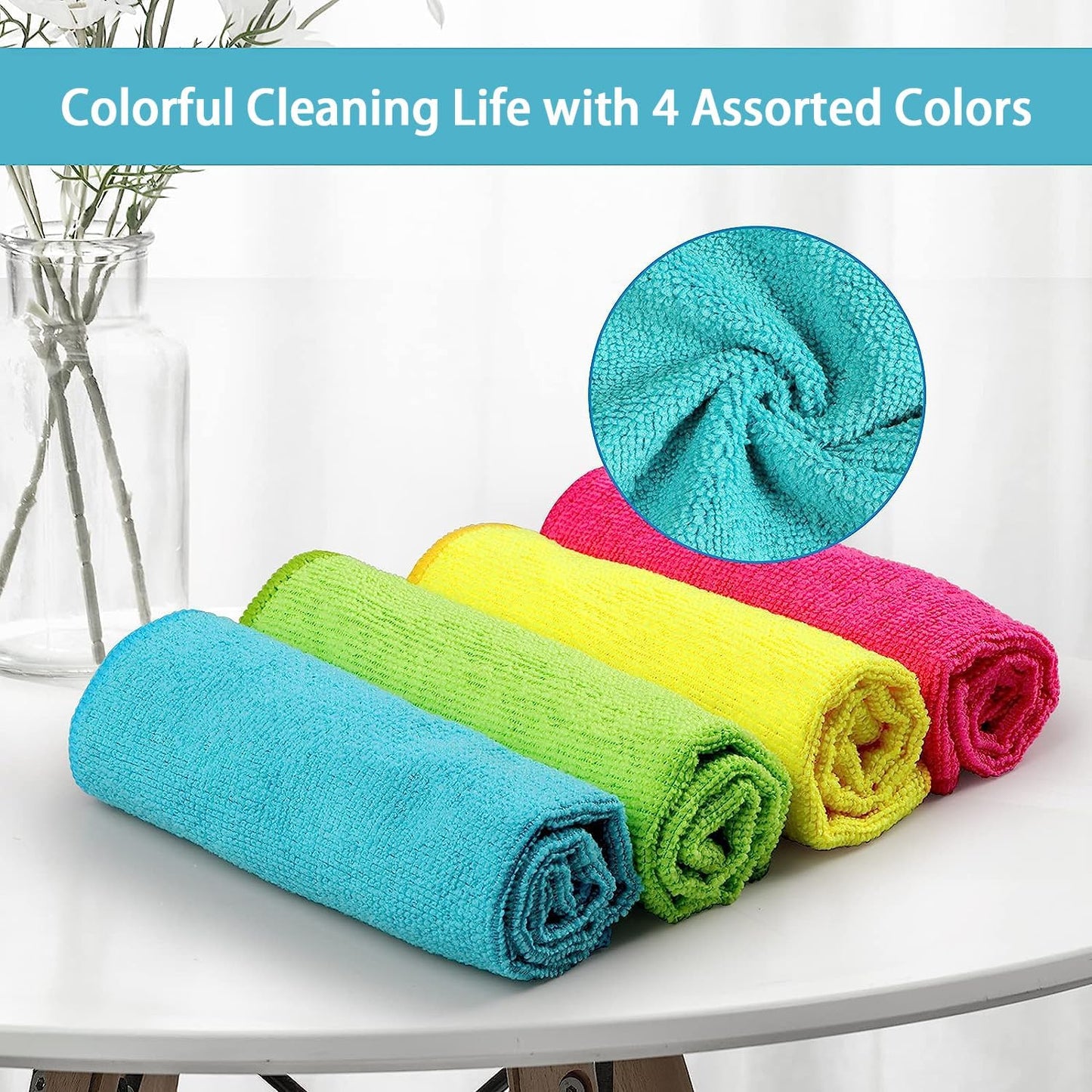 Microfiber Cleaning Cloth,12 Pack Cleaning Rag,Cleaning Towels with 4 Color Assorted,11.5"X11.5"(Green/Blue/Yellow/Pink)