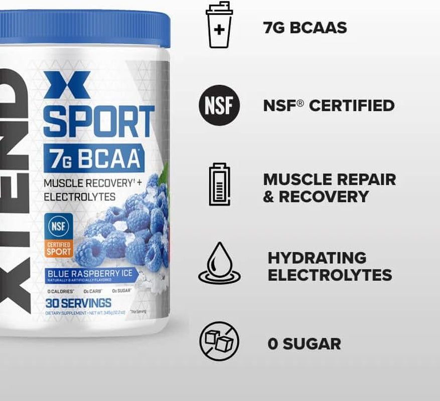 XTEND Sport BCAA Powder Blue Raspberry Ice - Electrolyte Powder for Recovery & Hydration with Amino Acids - 30 Servings