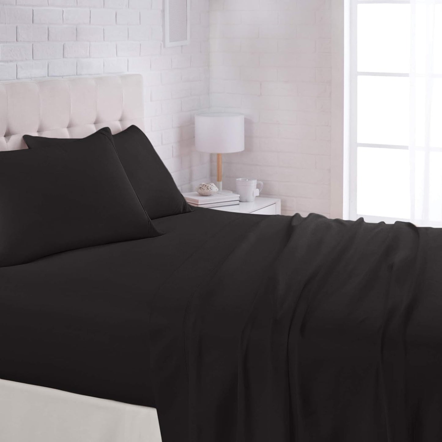 Lightweight Super Soft Easy Care Microfiber 4-Piece Bed Sheet Set with 14-Inch Deep Pockets, Queen, Black, Solid