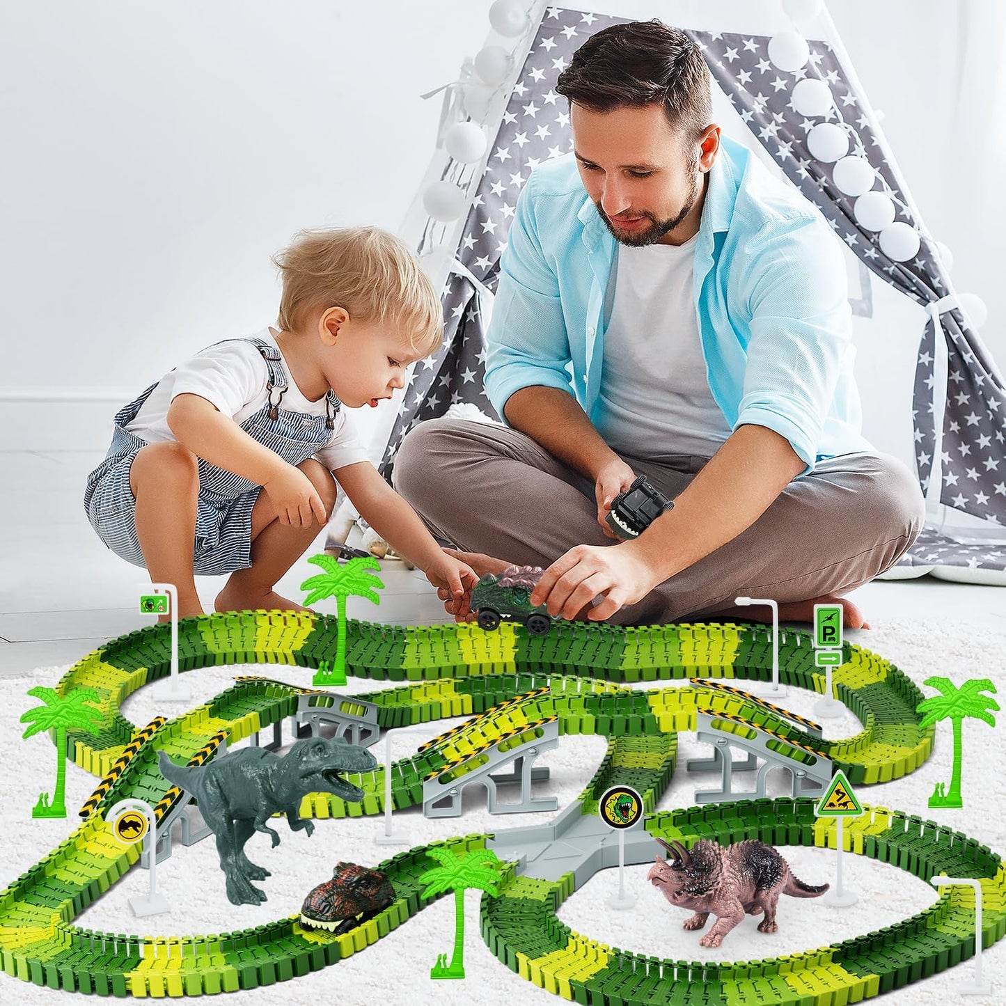 Dinosaur Toys, 252 PCS Create a Dinosaur World Road Race Tracks, Flexible Track Playset, 2Pcs Dinosaur Car for 3 4 5 6 Year Old Boys Girls Birthday Party Favor Gift