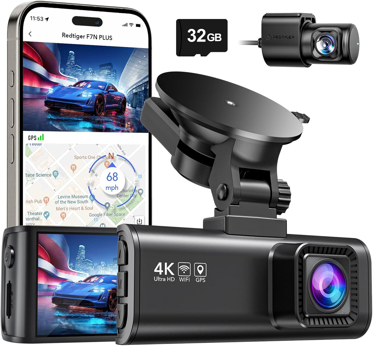 Dash Cam Front Rear, 4K/2.5K Full HD Dash Camera for Cars, Included 32GB Card, Built-In Wi-Fi GPS, 3.16” IPS Screen, Night Vision, 170°Wide Angle, WDR, 24H Parking Mode(F7Np)