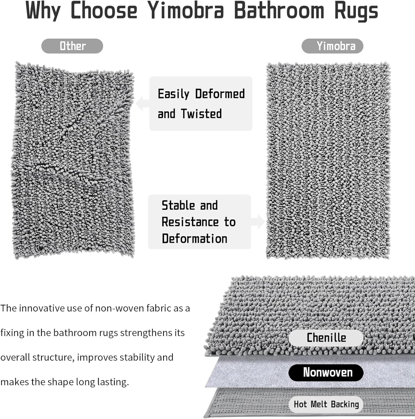 Bathroom Rug Mat 24 X 17, Extra Soft Non Slip Absorbent Water Bath Rug, Quick Dry Machine Washable Chenille Shaggy Shower Mat, Bath Mat for Bathroom Floor, Home Decor Accessories, Grey