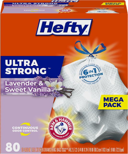 Ultra Strong 13 Gallon Trash Bags, Tall Kitchen Trash Bags 13 Gallon Size, Drawstring Closure, Continuous Odor Control, White, Lavender and Sweet Vanilla Scent, 80 Bags