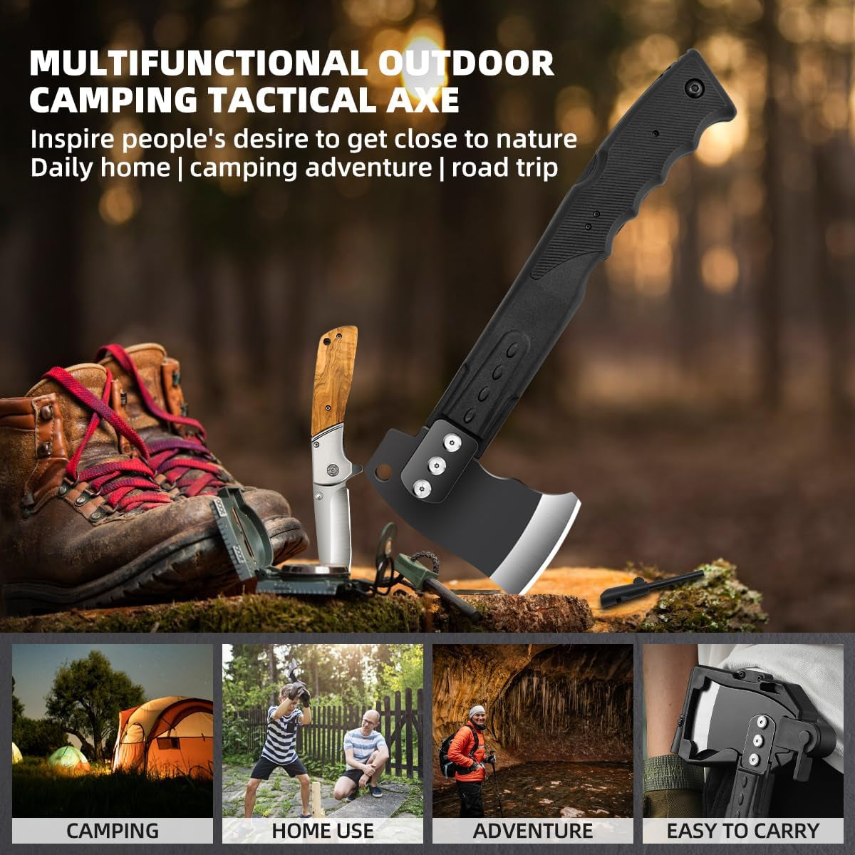 Multifunctional Hammer Head Axe Survival Tactical Tool - Folding Saw, Flintstone Whistle with Axe Sheath - Camping Hatchet Camping Axe Throwing Axe for Outdoor Hiking