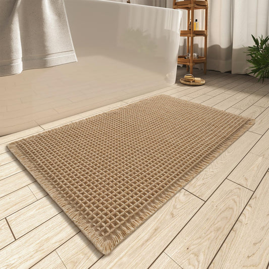 Upgraded Waffle Bath Mat, Super Absorbent Non Slip Bath Mats for Bathroom Floor, Machine Washable Bathroom Rugs with Tassels, Rubber Backed Bathroom Mats, Ultra Soft, 18" X 30", Brown