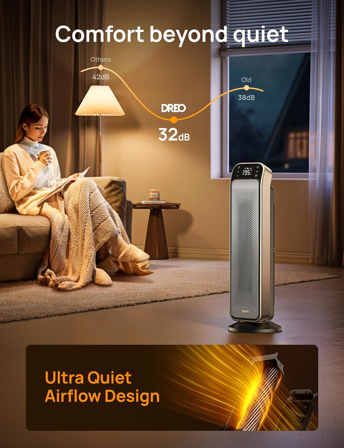 Space Heater for Indoor Use, 25" 11.5Ft/S Fast Electric Heater with Remote and Thermostat, 3 Modes, Overheating & Tip-Over Protection, Portable Heater for Large Room, Bedroom, Office, Gold