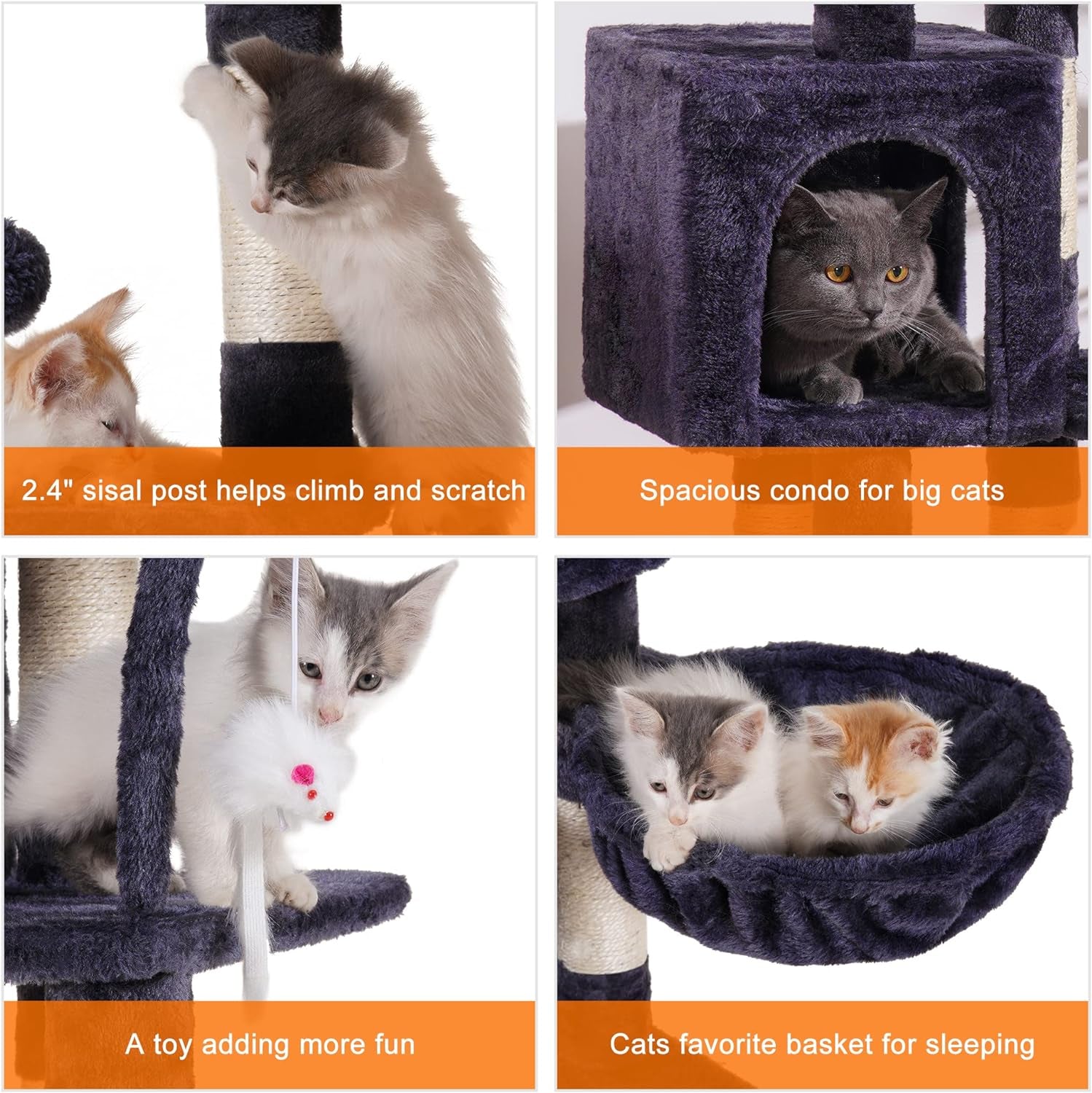 Cat Tree with Toy, Cat Tower Condo for Indoor Cats, Cat House with Padded Plush Perch, Cozy Hammock and Sisal Scratching Posts, Smoky Gray HCT004SG