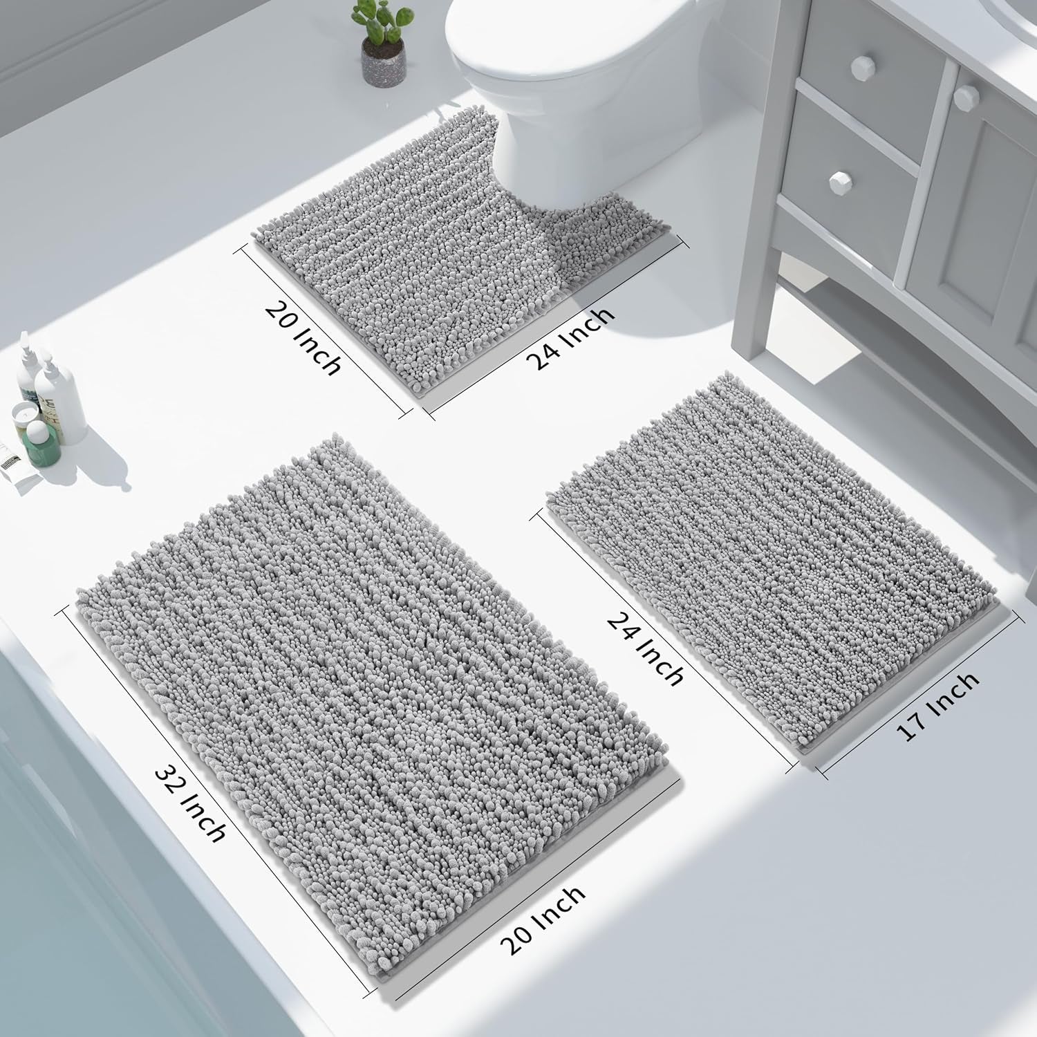 Bathroom Rug Mat 24 X 17, Extra Soft Non Slip Absorbent Water Bath Rug, Quick Dry Machine Washable Chenille Shaggy Shower Mat, Bath Mat for Bathroom Floor, Home Decor Accessories, Grey