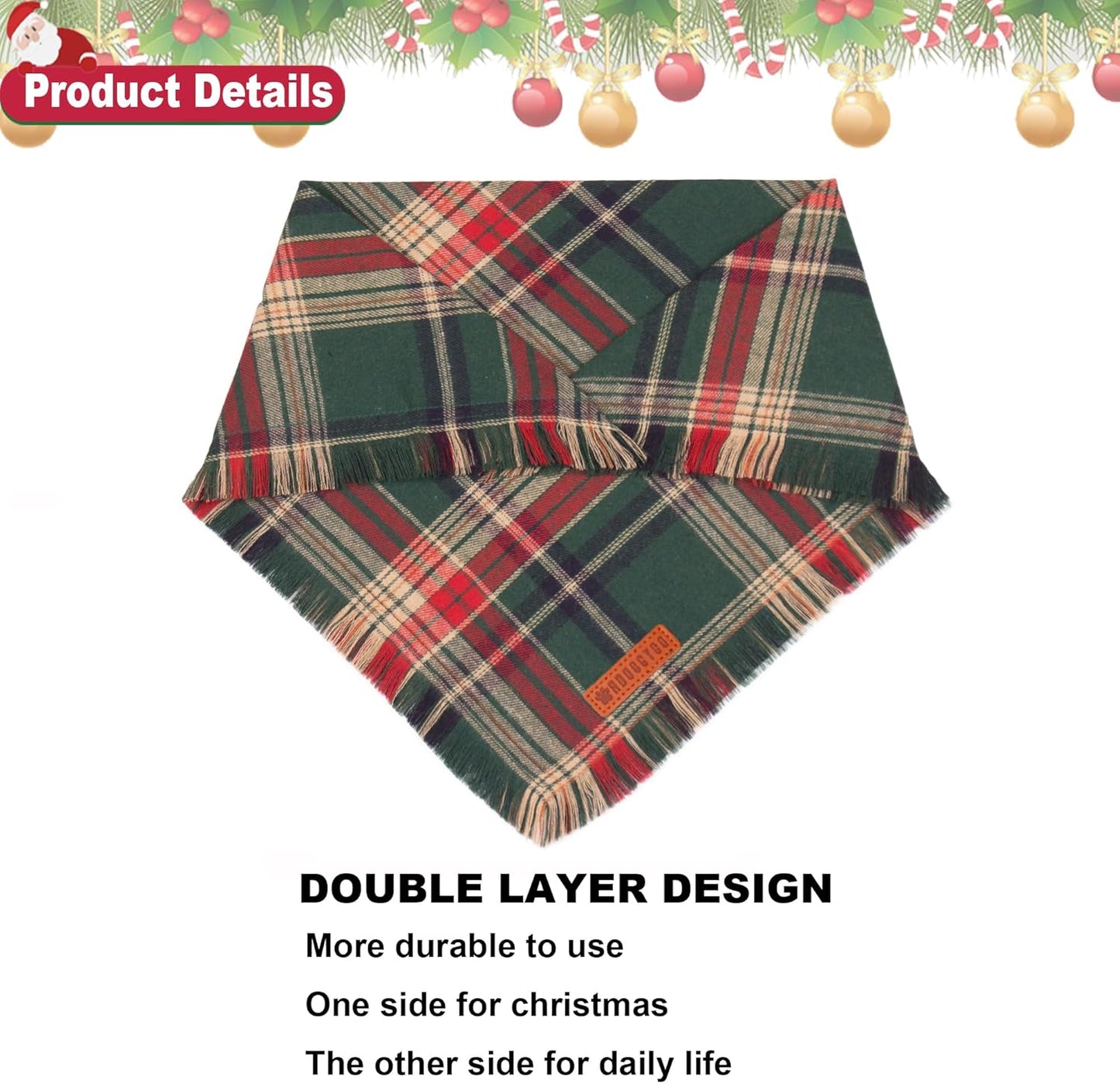 Christmas Dog Bandanas with Tassels Edges, Stylish Plaid Dog Christmas Scarf Bib, Multiple Sizes Offered, Plaid Bandanas for Medium Large Dogs (Christmas-1, Large)