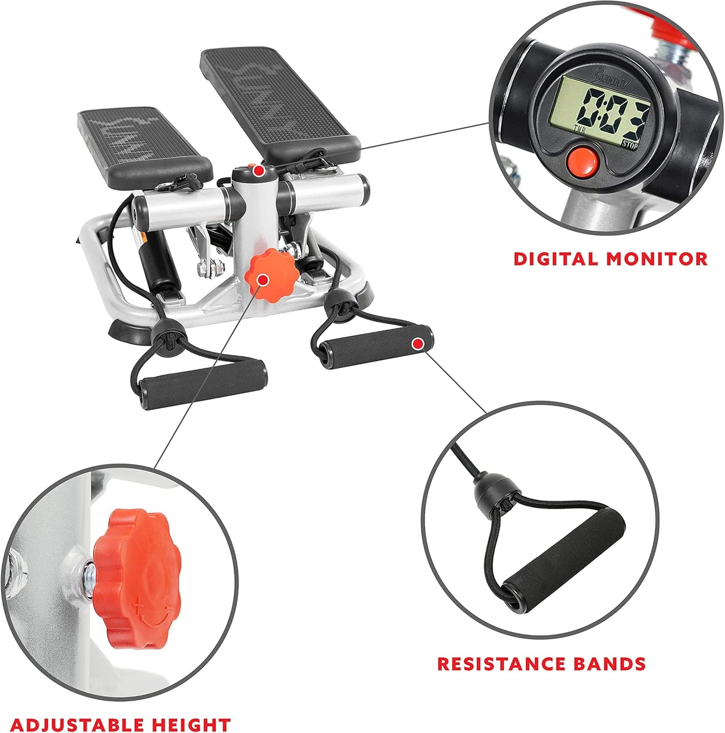 Total Body 2-In-1 Stepper Machine, Total Body Workout, Adjustable Hydraulic, Resistance Bands, Non-Slip Pedals W Optional Free Sunnyfit App Enhanced Bluetooth Connectivity