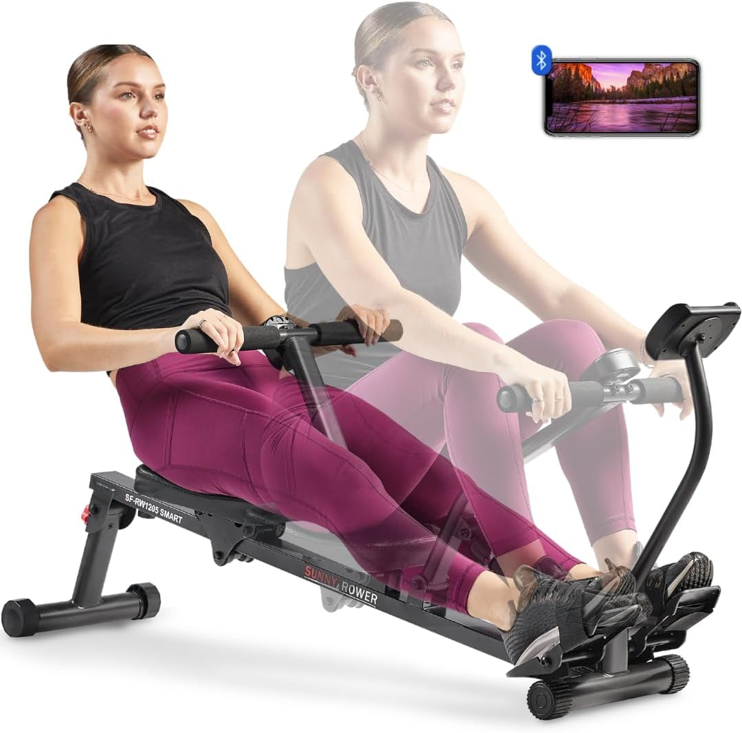 Compact Adjustable Rowing Machine with 12 Levels of Resistance for Complete Body Workouts and Optional Free Sunnyfit App Enhanced Connectivity