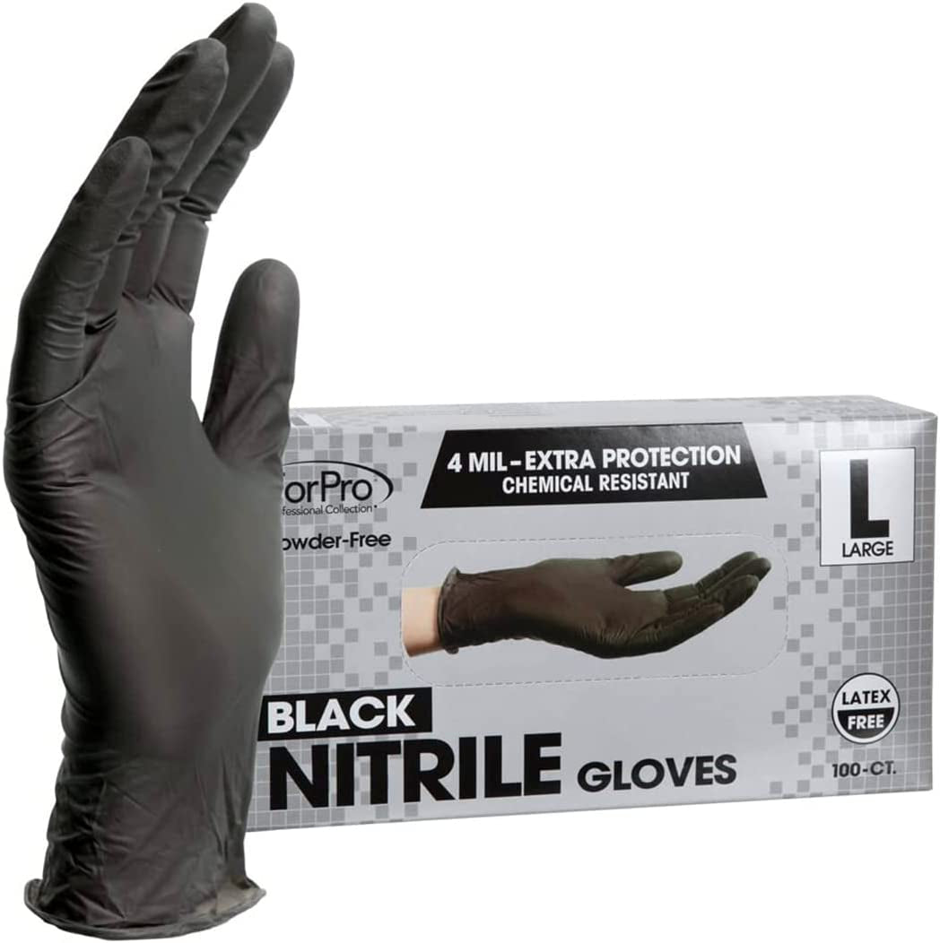 Disposable Nitrile Gloves, Chemical Resistant, Powder-Free, Latex-Free, Non-Sterile, Food Safe, 4 Mil, Black, Large, 100-Count