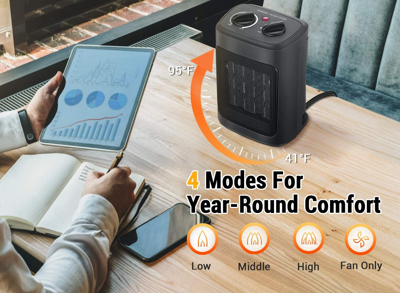 Space Heater, 1500W Electric Heaters Indoor Portable with Thermostat, PTC Fast Heating Ceramic Room Small Heater with Heating and Fan Modes for Bedroom, Office and Indoor Use