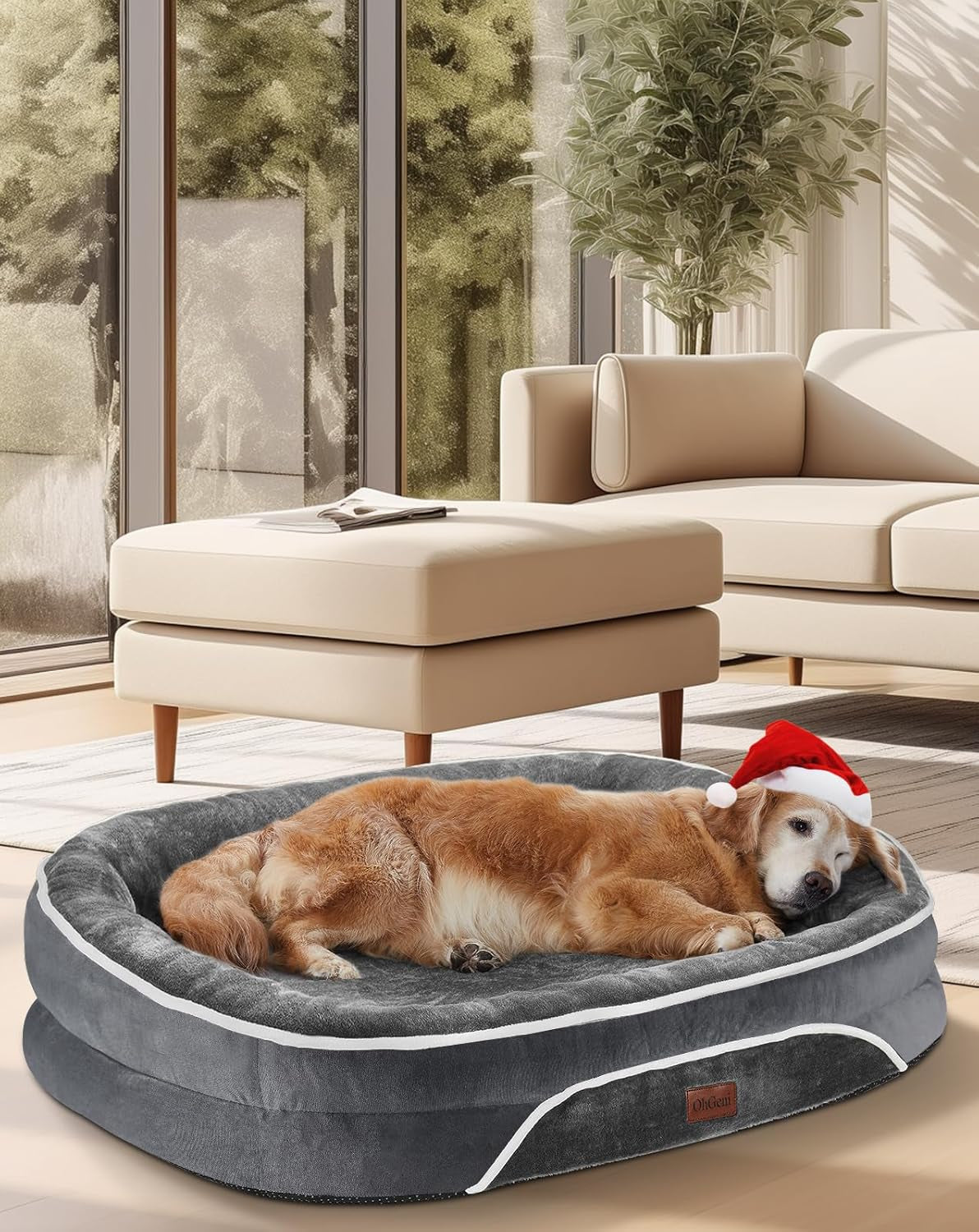 Orthopedic Dog Bed for Large Dogs, Dog Couch Design with Egg Foam Support, Removable, Machine Washable Plush Cover and Non-Slip Bottom with Four Sided Bolster Cushion (Gray)