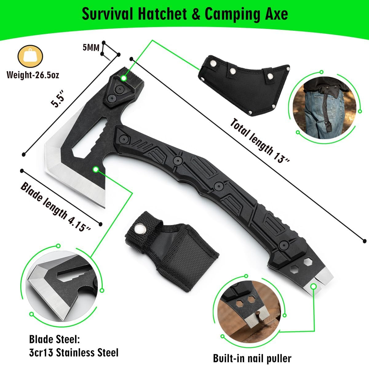 Survival Hatchet & Camping Axe with Fixed Blade Knife Combo Set, Full Tang Tactical Axe for Outdoor Camping Survival and Chopping Wood, Nylon Sheath Included