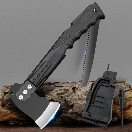 Multifunctional Hammer Head Axe Survival Tactical Tool - Folding Saw, Flintstone Whistle with Axe Sheath - Camping Hatchet Camping Axe Throwing Axe for Outdoor Hiking