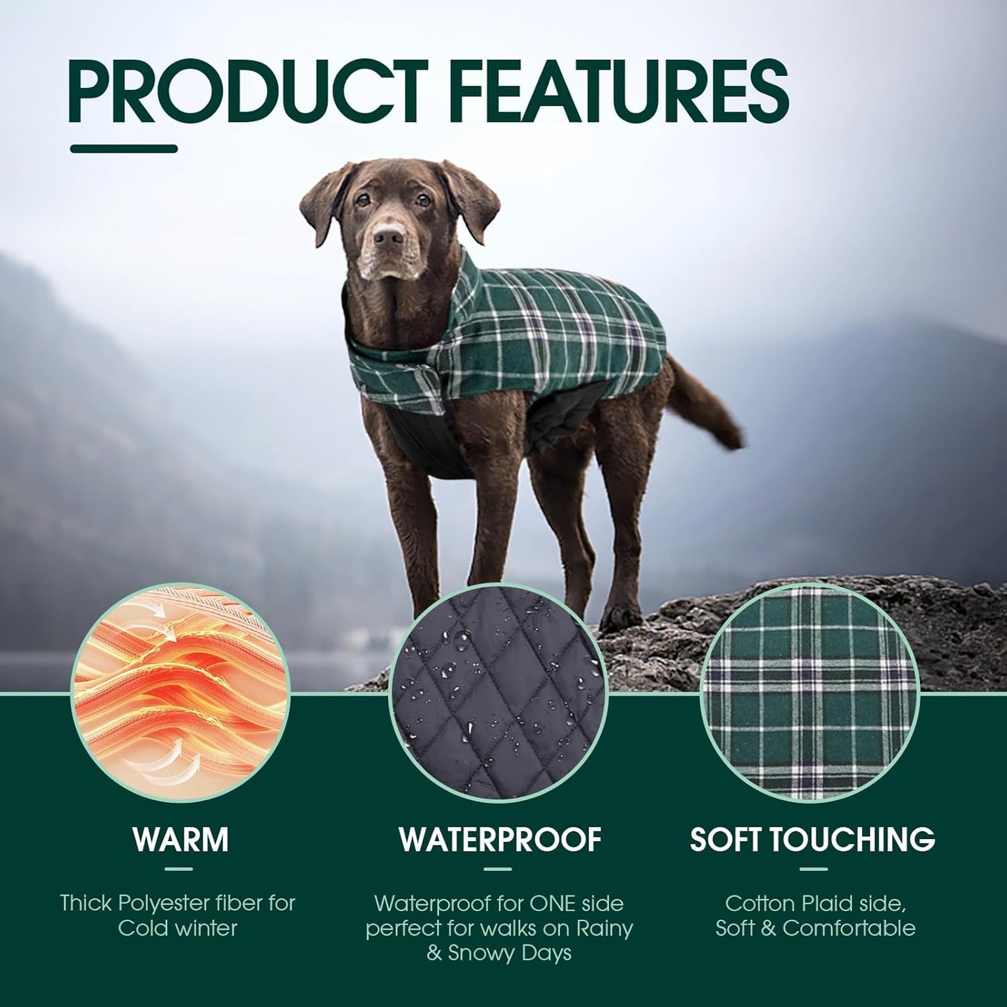 Warm Dog Coat, Reversible Dog Jacket Waterproof Dog Winter Coat British Style Plaid Dog Clothes Pet Dog Cold Weather Coats Cozy Snow Jacket Vest for Small Medium Large Dogs Green M