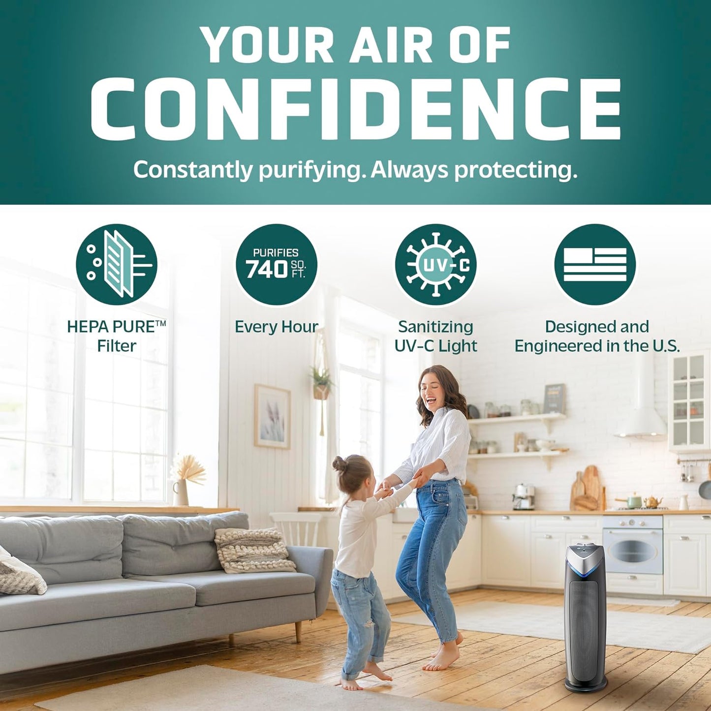 4-In-1 HEPA Air Purifier for Home, Large Rooms up to 743 Sq. Ft. with HEPA Air Filter, UC-V Light & Odor Reduction, AC4825E, 22" Tower, Gray