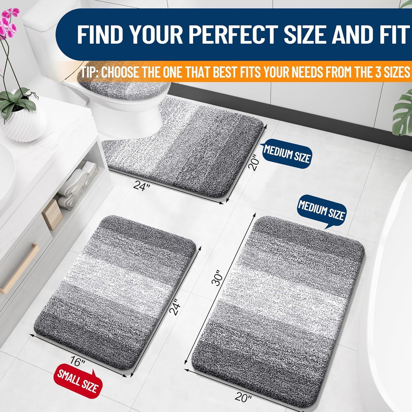 Bathroom Rugs Mat 30X20, Extra Soft and Absorbent Microfiber Bath Rugs, Non-Slip Plush Shaggy Bath Carpet, Machine Wash Dry, Bath Mat for Bathroom Floor, Tub and Shower, Grey