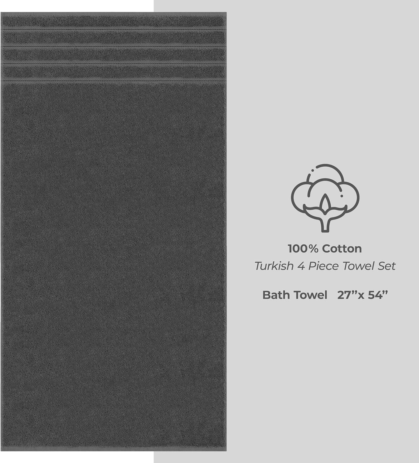 Luxury 4 Piece Bath Towel Set, 100% Cotton Turkish Bath Towels for Bathroom, 27X54 in Large Bathroom Shower Towels, Dark Gray Bath Towels