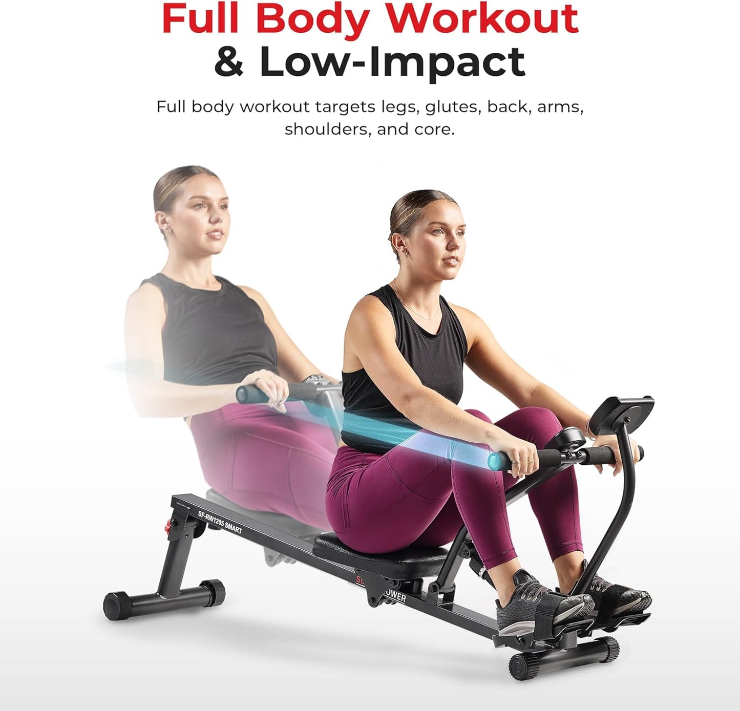 Compact Adjustable Rowing Machine with 12 Levels of Resistance for Complete Body Workouts and Optional Free Sunnyfit App Enhanced Connectivity