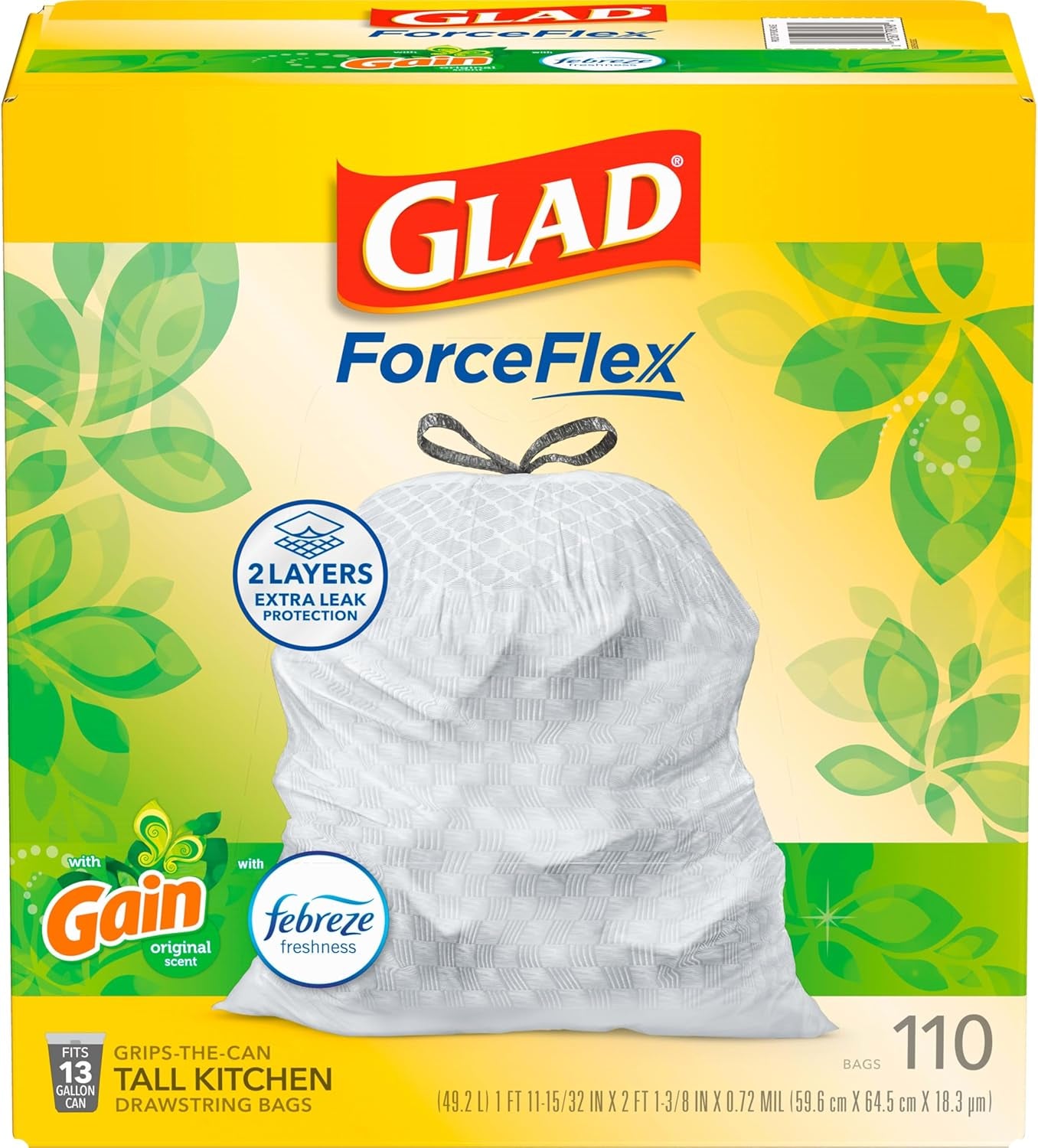 Forceflex Tall Kitchen Trash Bags, 13 Gal, Gain Original with Febreze, 110 Ct (Pack May Vary)