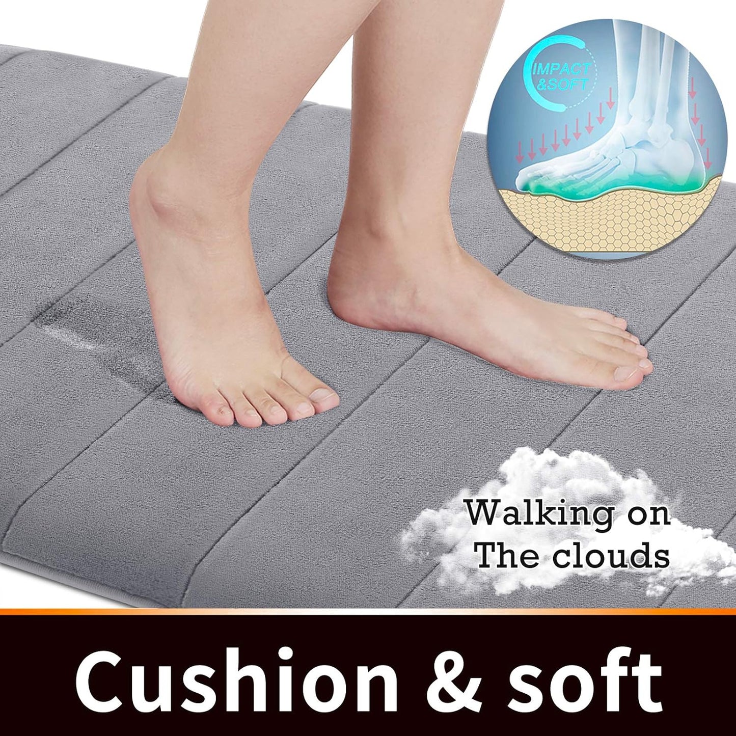 Memory Foam Bath Mat Rug, 24 X 17 Inches, Comfortable, Soft, Non-Slip, Super Absorbent, Quick Drying Bathroom Rug for Floor, Tub & Shower, Machine Washable, Thick, Grey