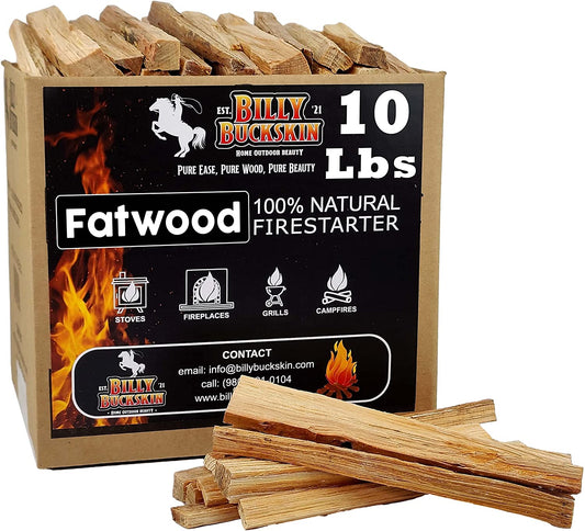 Billy Buckskin 10 Lbs. Fatwood Fire Starter Sticks Camping Essentials | Great Fire Logs and Fire Starters for Campfires, Wood Stoves, Fireplaces, Bonfires | Start a Fire with 2 Sticks | 10 Lb Box