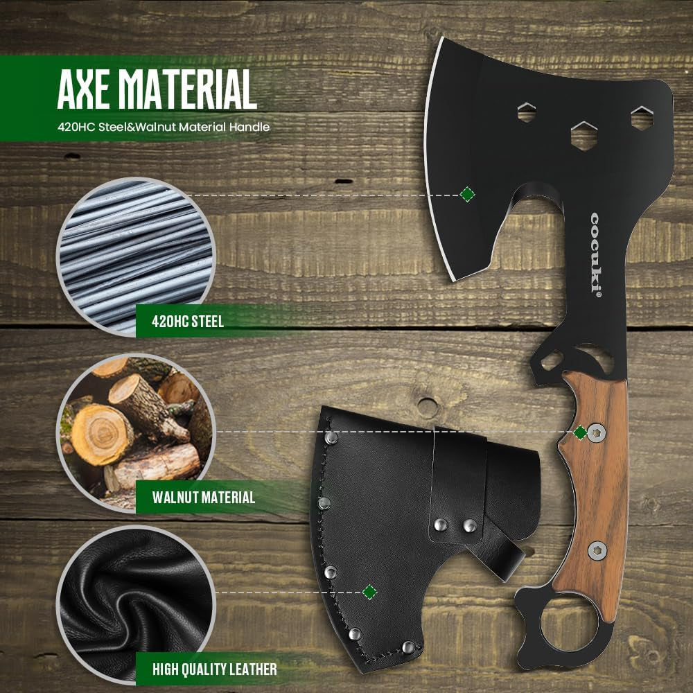 Outdoor Hatchet, Full Tang, Walnut Wood Handle Axe, for Outdoor Using Camping Survival Hiking, Leather Sheath Included