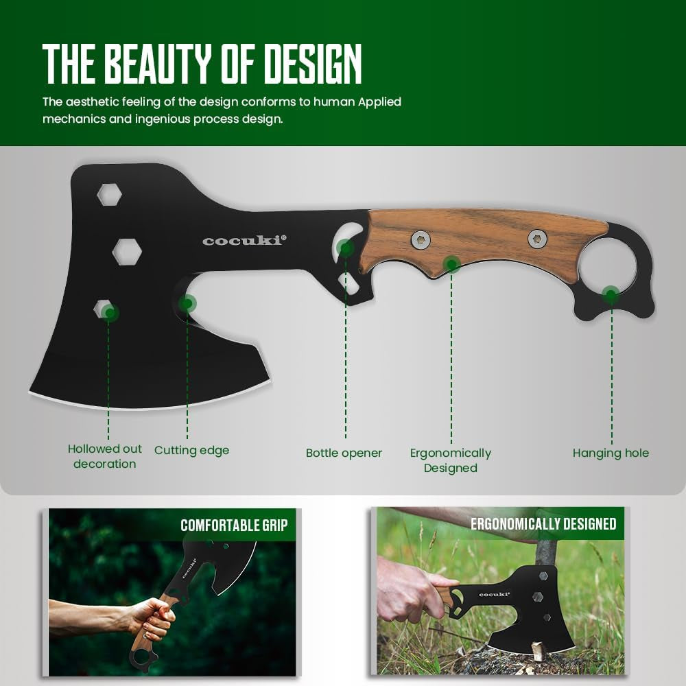 Outdoor Hatchet, Full Tang, Walnut Wood Handle Axe, for Outdoor Using Camping Survival Hiking, Leather Sheath Included