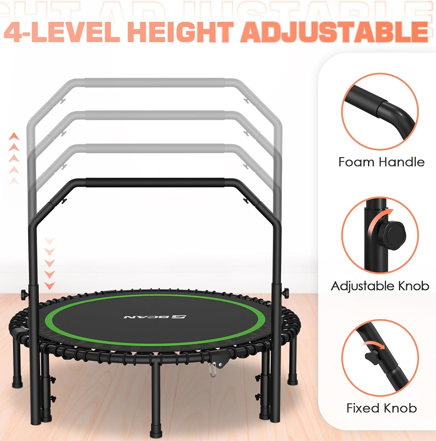 450/550 LBS Foldable Mini Trampoline, 40"/48" Fitness Trampoline with Bungees, U Shape Adjustable Foam Handle, Stable & Quiet Exercise Rebounder for Kids Adults Indoor/Garden Workout