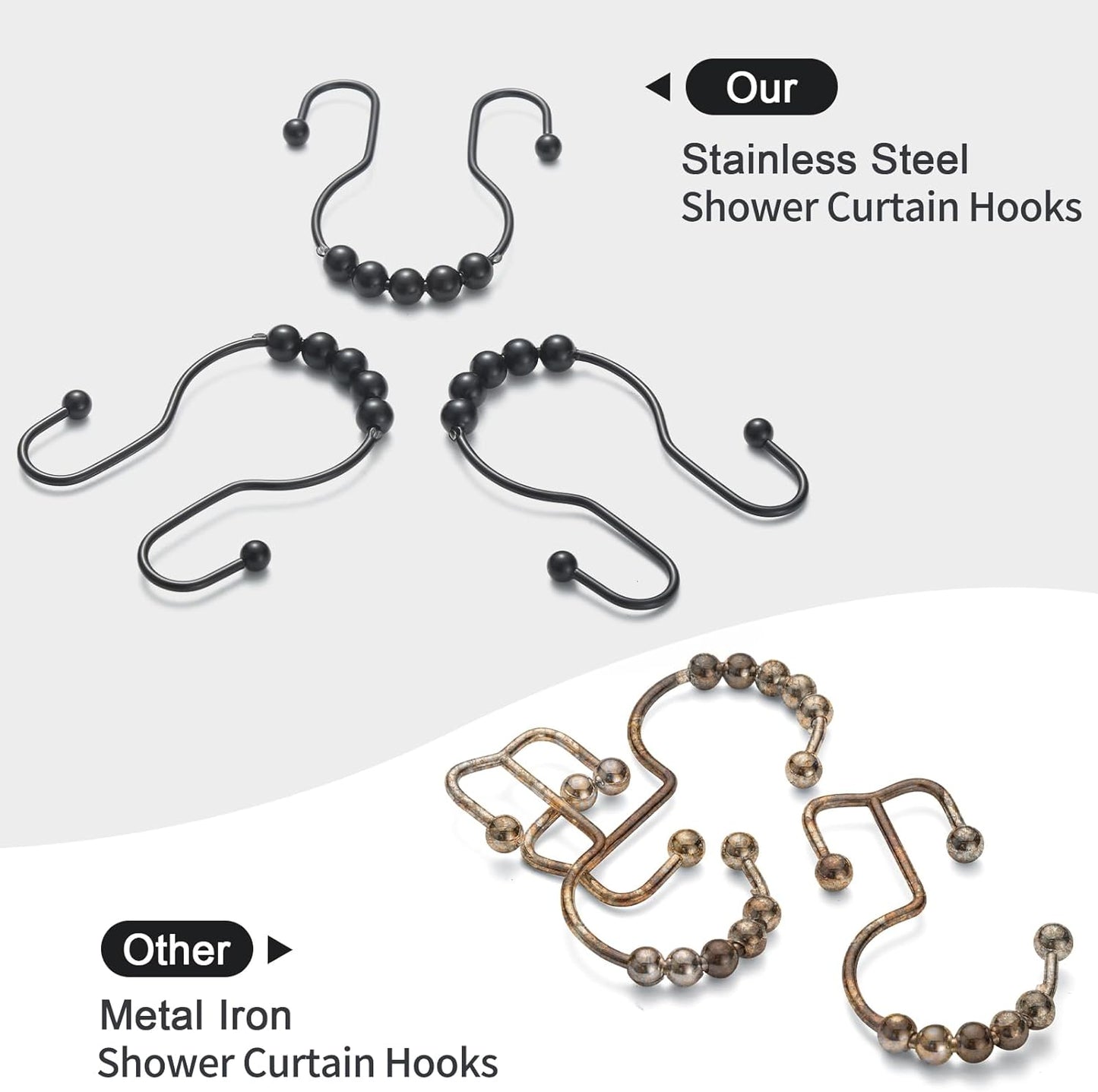 Shower Curtain Hooks, 12 Pcs Shower Curtain Rings, Stainless Steel Black Shower Curtain Hooks, Shower Curtain Rings Rust Proof, Smooth Sliding Anti-Drop Double Shower Rings for Curtain (Black)