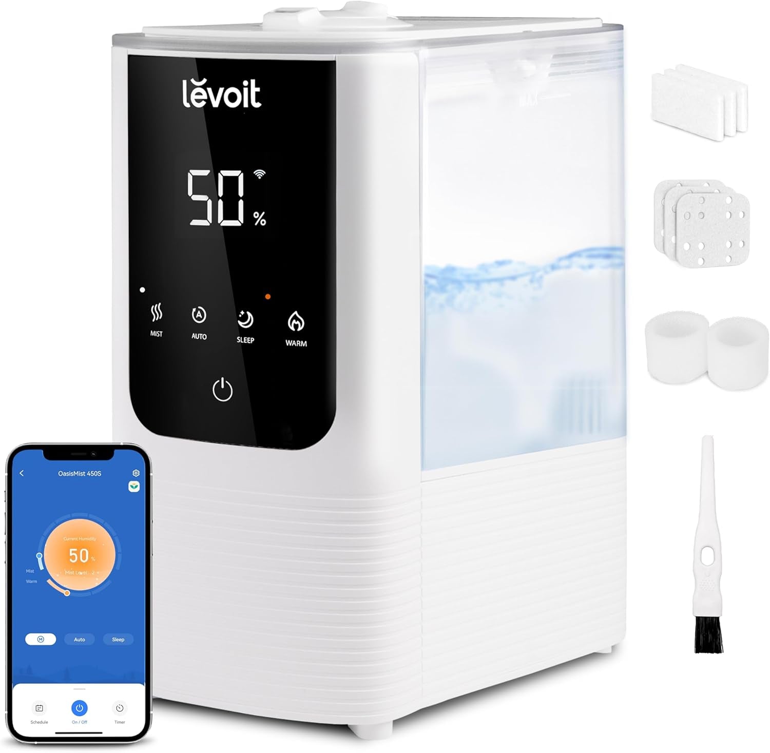 Humidifiers for Bedroom Home, Smart Warm and Cool Mist Air Humidifier for Large Room, Auto Customized Humidity, Fast Symptom Relief, Easy Top Fill, Essential Oil, Quiet, Oasismist4.5L, White