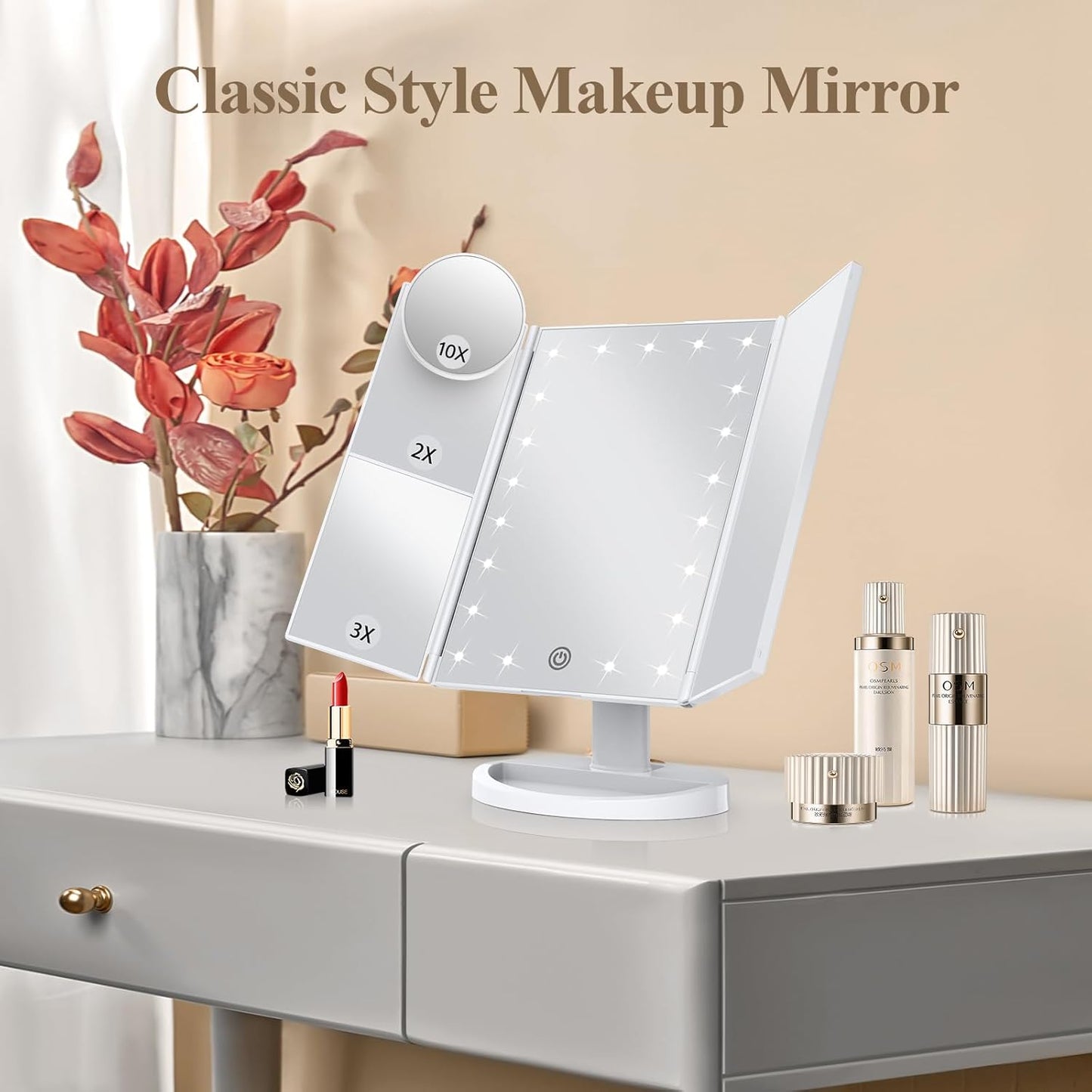 Makeup Mirror Vanity Mirror with Lights, 2X 3X 10X Magnification, Lighted Makeup Mirror, Touch Control, Trifold Makeup Mirror, Dual Power Supply, Portable LED Makeup Mirror, Women Gift (White)