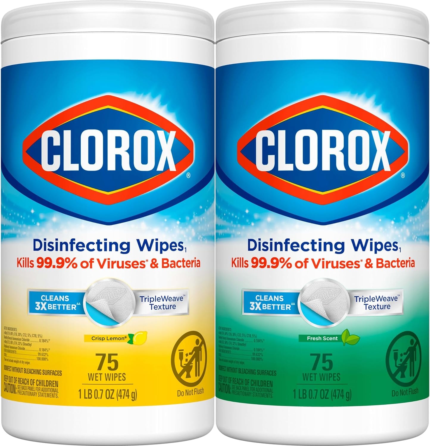 Disinfecting Wipes Value Pack, Bleach Free Cleaning Wipes, 75 Count Each, Pack of 2, Packaging May Vary