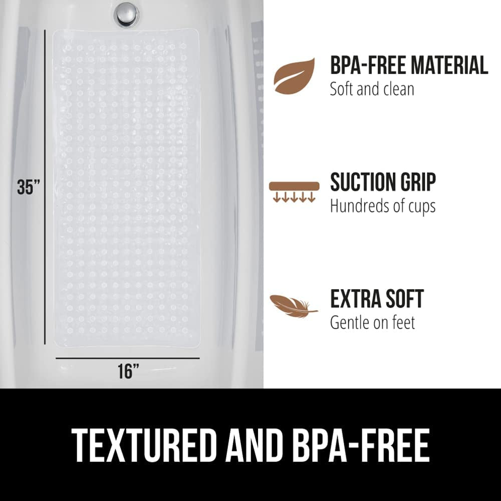 Patented Bath Tub Shower Mat, 35X16 Washable Bathtub Floor Mats, Suction Cups and Drain Holes to Keep Tubs Clean, Clear