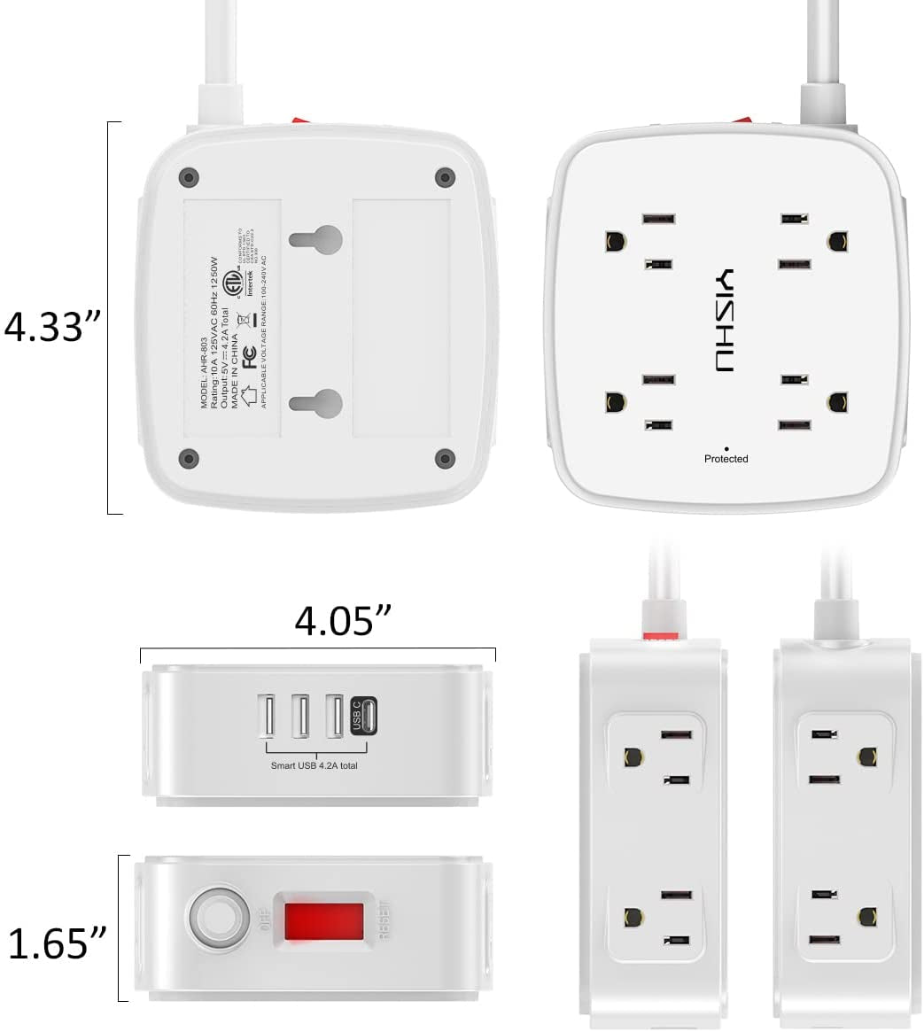 6 Ft Surge Protector Power Strip - 8 Widely Outlets with 4 USB Ports, 3 Side Outlet Extender with 6 Feet Extension Cord, Flat Plug, Wall Mount, Desk USB Charging Station, Etl,White