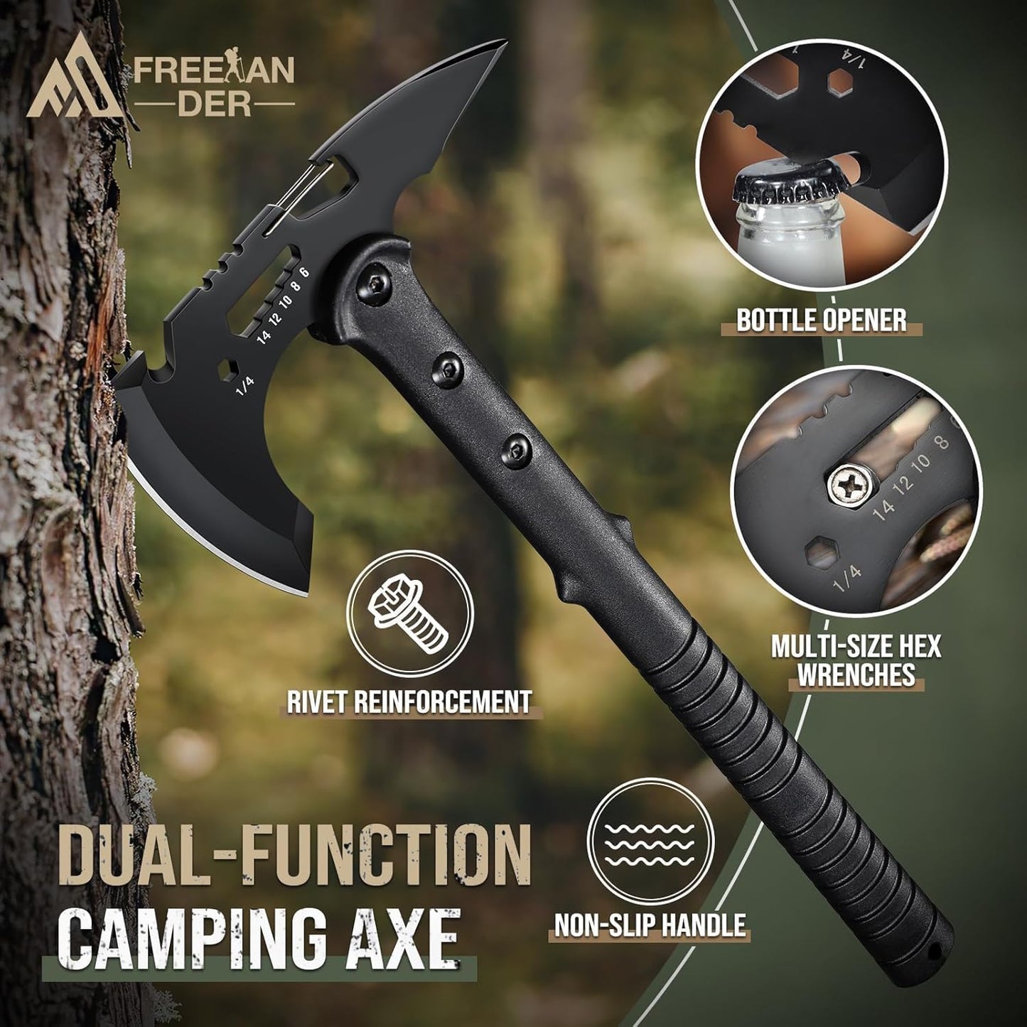 Tactical Hatchet, Tactical Axe with Bottle Opener, Multi-Size Hex Wrenches and Sheath, Tactical Tomahawk with Spike, Tomahawk Axe for Adventures, Survival, and Camping