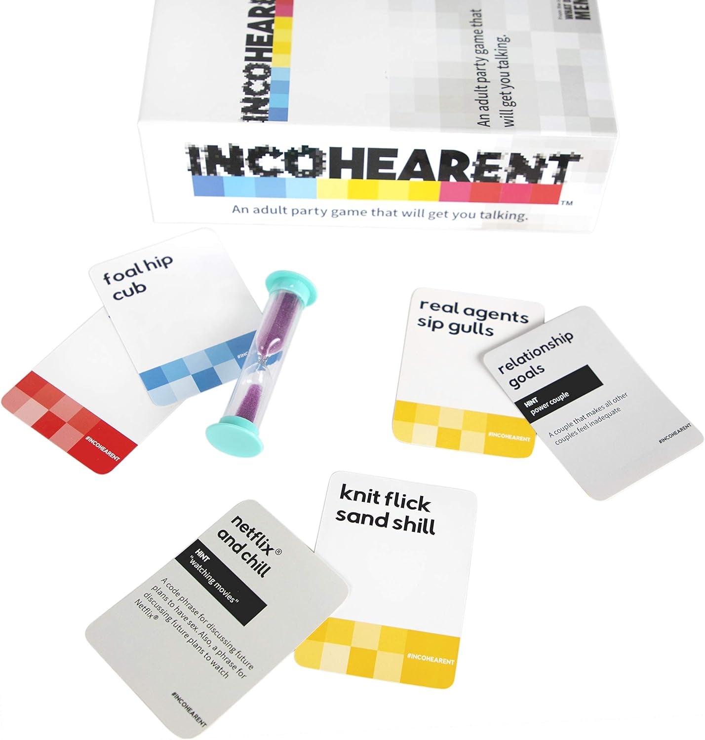 Incohearent, the Guess the Gibberish Party Game by Relatable, a Funny Card Game for Adults, Great for Christmas Party Games and Hanukkah Gifts, Includes 400 Cards, Instructions, and 1 Sand Timer