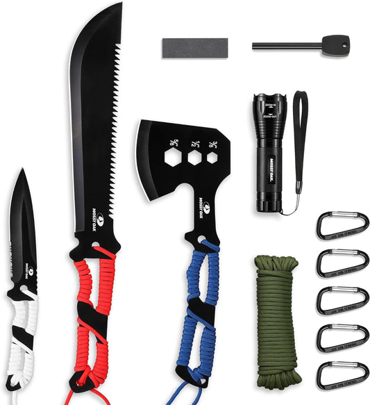 Hatchet and Machete Knife Set with Sheath, One-Piece Axe & Hunting Knives with Paracord Handle, Zoomable Flashlight, Many Other Tools, Ideal Gift for Men Who Likes Hunting Outdoor Adventure