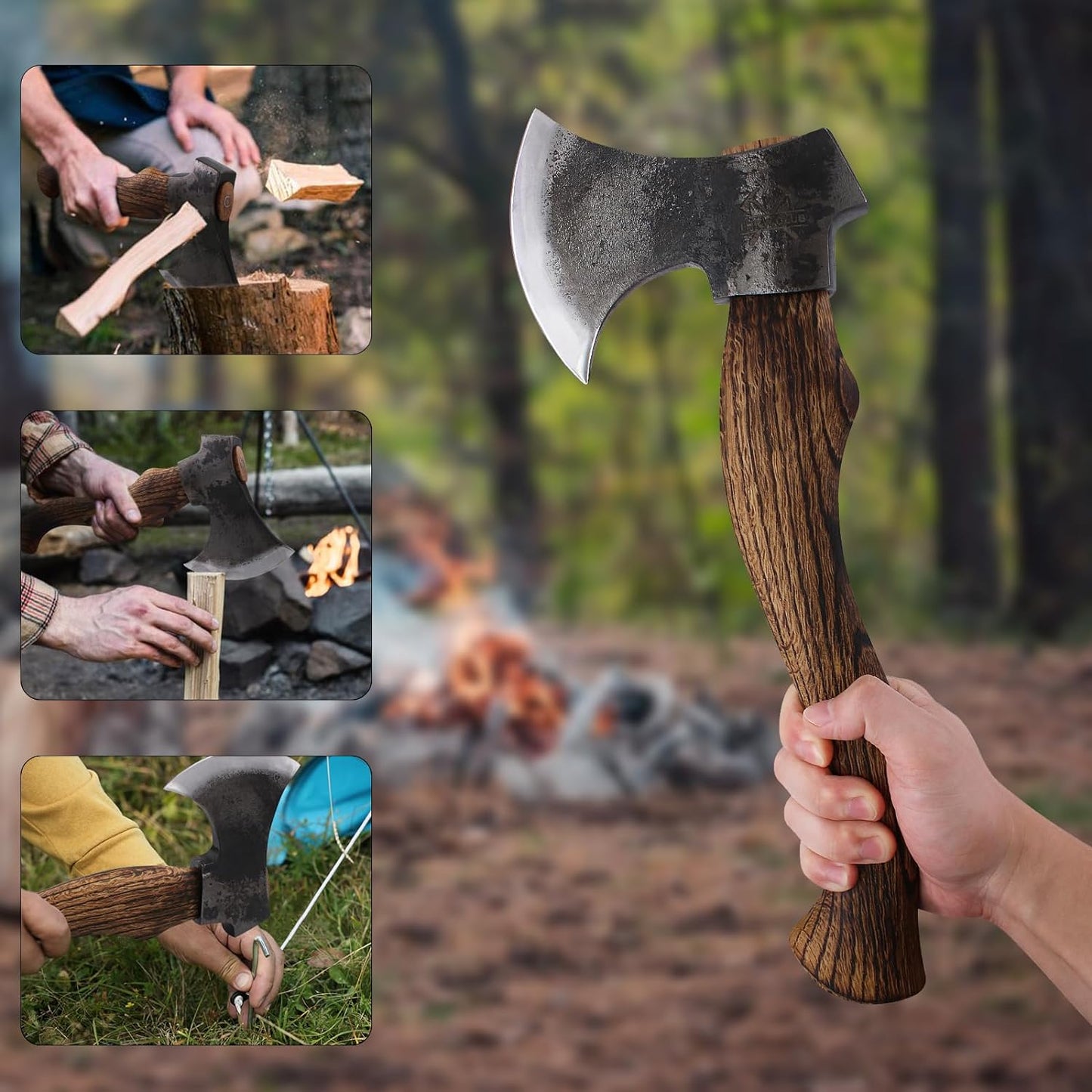 15.1'' Hatchet, Camping Axe with 1065 Carbon Steel and Beech Handle, Hand Forged Bushcraft Axe with Leather Sheath for Camping and Survival