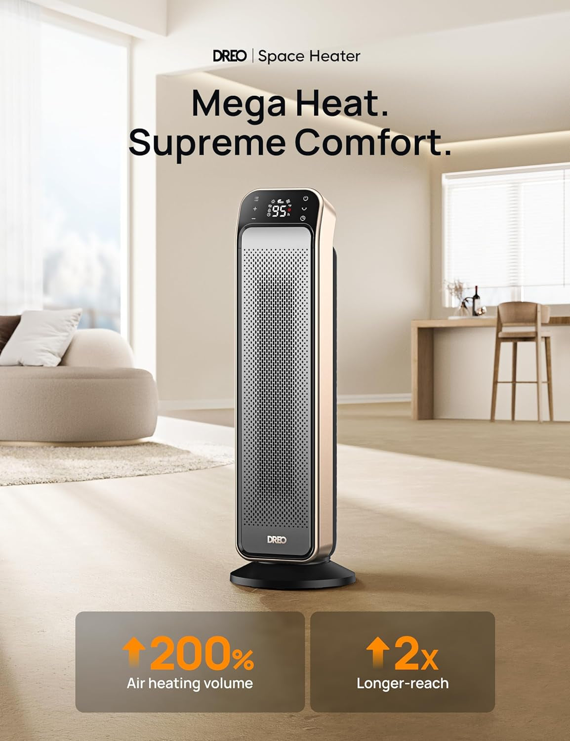 Space Heater for Indoor Use, 25" 11.5Ft/S Fast Electric Heater with Remote and Thermostat, 3 Modes, Overheating & Tip-Over Protection, Portable Heater for Large Room, Bedroom, Office, Gold